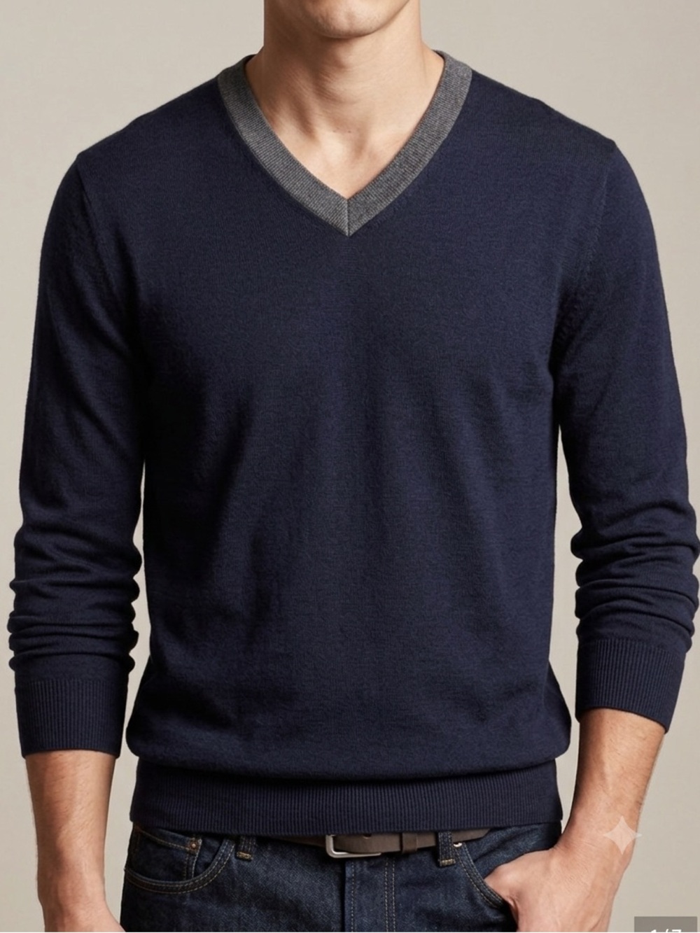 Banana Republic Navy V-Neck Silk Cashmere Sweater with Gray Trim